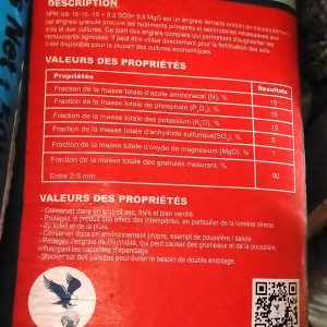 Engrais granulé NPK 15-15-15 + 9,3 SO3 + 5,9 MGO 50 kg – Toutes les cultures