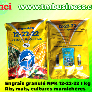Engrais granulé NPK 12-22-22 + 2 SO3 + 1 MgO + 5 CaO 1 kg – Riz, maïs, cultures maraichères