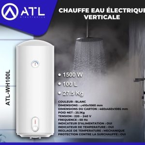 ATL Chauffe-eau électrique blanc vertical 100 litres ATL-WH100L 1500 W 220 – 240 V 50 Hz 27.5 kg