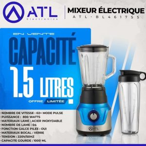ATL Mixeur électrique bleu 1.5 litre ATL-BL4617SS Inox V02+Mode pulse 800 W Lame 04 220 V – 50 Hz