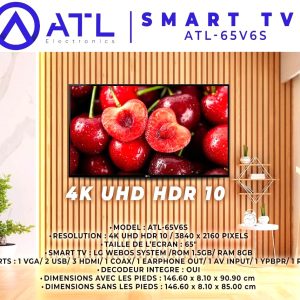 ATL Smart TV 65’’ 4K UHD HDR 10 3840 x 2160 pixels ATL-65V6S Décodeur intégré
