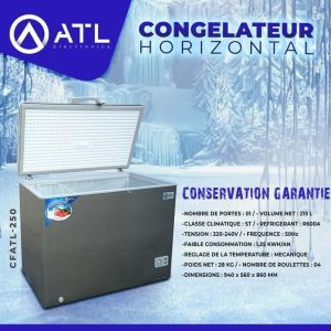 ATL Congélateur horizontal 215 litres CFATL-250 CC ST R600A Porte 01 Roulettes 04 220 – 240 V 50 Hz 28 kg