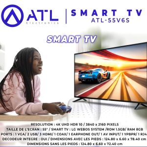 ATL Smart TV 55 pouces 4K UHD HDR 10 3840 x 2160 Pixels ATL-55V6S Décodeur intégré
