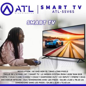 ATL Smart TV 55 pouces 4K UHD HDR 10 3840 x 2160 Pixels ATL-55V6S Décodeur intégré