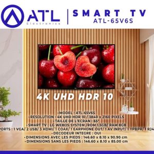 ATL Smart TV 65’’ 4K UHD HDR 10 3840 x 2160 pixels ATL-65V6S Décodeur intégré