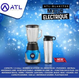 ATL Mixeur électrique bleu 1.5 litre ATL-BL4617SS Inox V02+Mode pulse 800 W Lame 04 220 V – 50 Hz