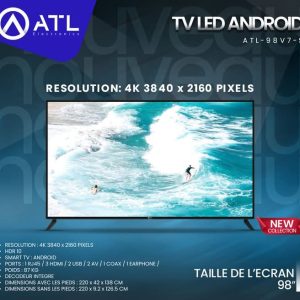 ATL TV LED Android 98 pouces 4K 3840 x 2160 Pixels ATL-98V7-S Décodeur intégré 87 kg