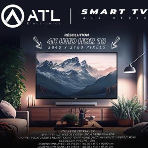ATL Smart TV 65’’ 4K UHD HDR 10 3840 x 2160 pixels ATL-65V6S Décodeur intégré