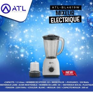ATL Mixeur électrique blanc 1.5 litre ATL-BL4619W V02+Mode pulse 350 W Lame 04 220 V – 50 Hz