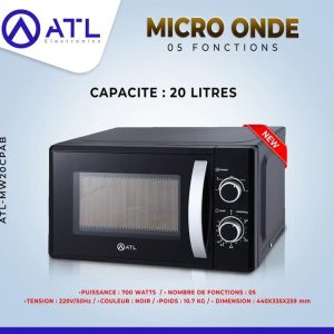 ATL Micro-onde noir 20 litres 05 fonctions ATL-MW20CPAB 700 W 220-50 Hz 10.7 kg