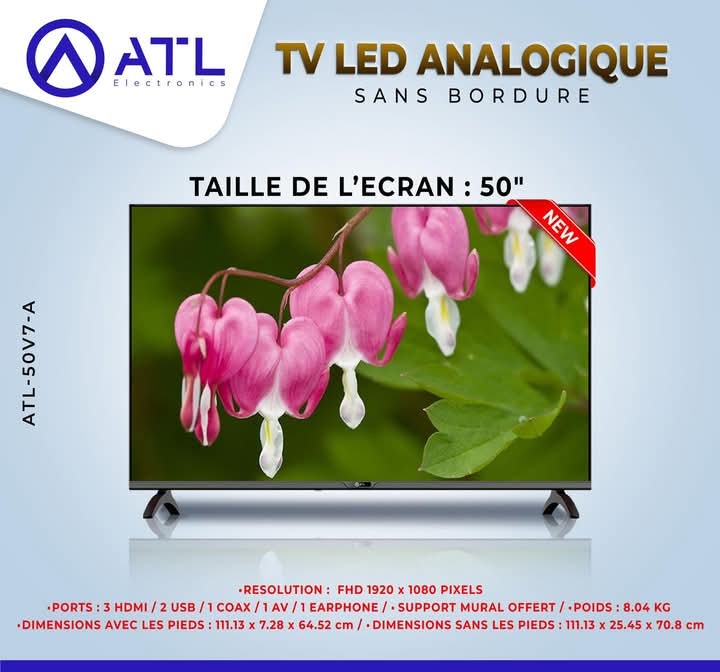 ATL TV LED Analogique sans bordure 50 pouces FHD 1920 x 1080 Pixels ATL-50V7-A 8.04 kg