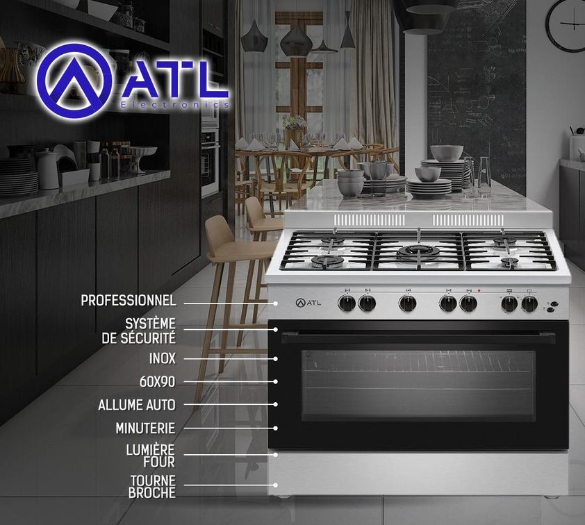 ATL Gazinière 05 feux Inox ATLGAZ-PRO90S 60 x 90 cm