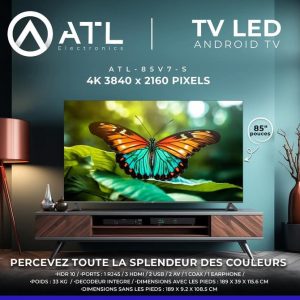 ATL TV LED Android 85 pouces 4K 3840 x 2160 Pixels ATL-85V7-S Décodeur intégré 33 kg