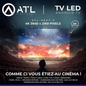 ATL TV LED Android 98 pouces 4K 3840 x 2160 Pixels ATL-98V7-S Décodeur intégré 87 kg